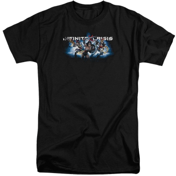 Black men's tall fit t-shirt with Infinite Crisis Ic Blue graphic