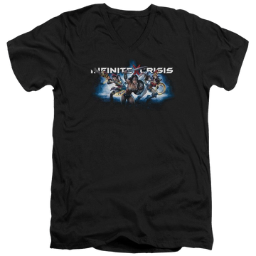 Black men's v-neck t-shirt with Infinite Crisis Ic Blue graphic