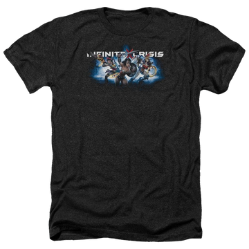 Charcoal men's heather t-shirt with Infinite Crisis Ic Blue graphic