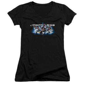 Black juniors v-neck t-shirt with Infinite Crisis Ic Blue graphic
