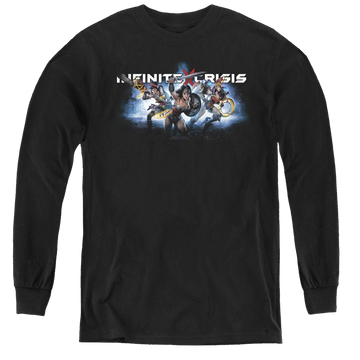Black youth long sleeve t-shirt with Infinite Crisis Ic Blue graphic