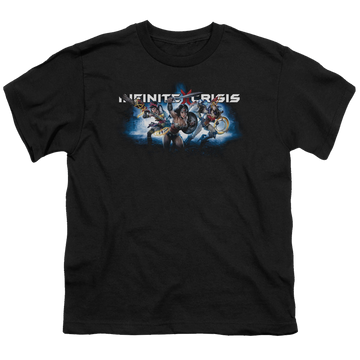 Black youth t-shirt for ages 8 to 12 with Infinite Crisis Ic Blue graphic