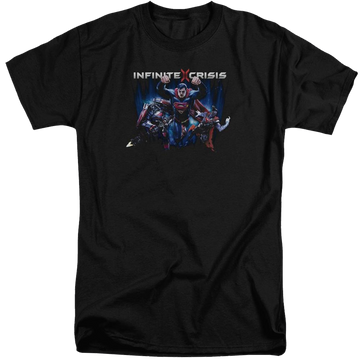 Black men's tall fit t-shirt with Infinite Crisis Ic Super graphic