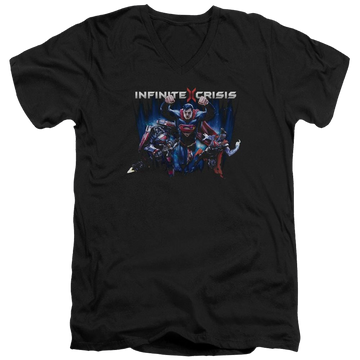 Black men's v-neck t-shirt with Infinite Crisis Ic Super graphic