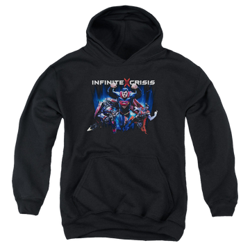 Black youth hoodie for ages 8 to 12 with Infinite Crisis Ic Super graphic