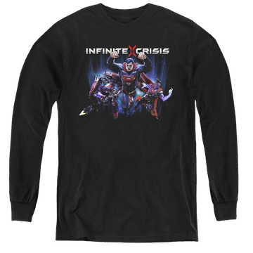Black youth long sleeve t-shirt with Infinite Crisis Ic Super graphic