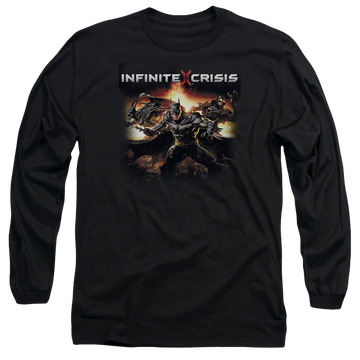 Black men's long sleeve t-shirt with Infinite Crisis Batmen graphic