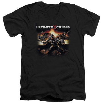 Black men's v-neck t-shirt with Infinite Crisis Batmen graphic