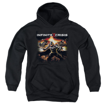 Black youth hoodie for ages 8 to 12 with Infinite Crisis Batmen graphic