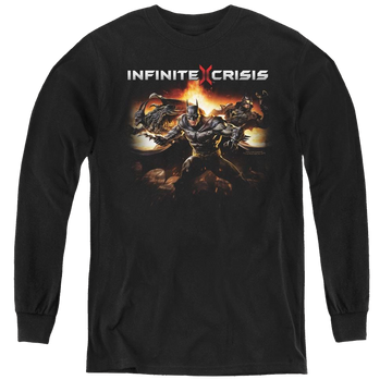 Black youth long sleeve t-shirt with Infinite Crisis Batmen graphic
