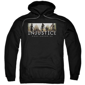 Black pullover hoodie with Injustice Gods Among Us Logo graphic
