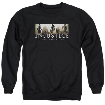 Black men's crewneck sweatshirt with Injustice Gods Among Us Logo graphic