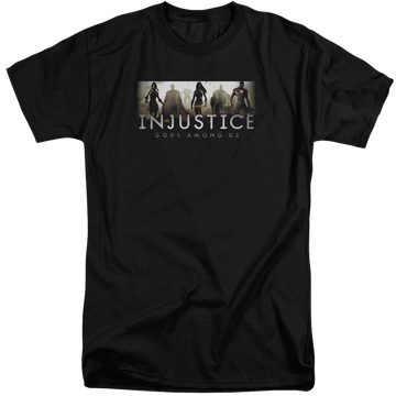 Black men's tall fit t-shirt with Injustice Gods Among Us Logo graphic