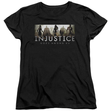 Black women's t-shirt with Injustice Gods Among Us Logo graphic