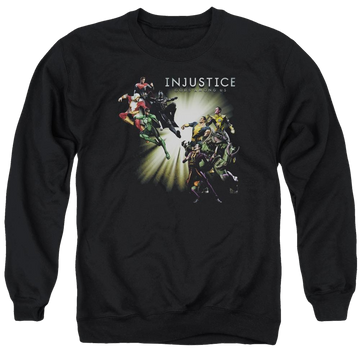 Black men's crewneck sweatshirt with Injustice Gods Among Us Good Vs Evil graphic