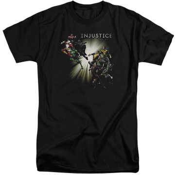 Black men's tall fit t-shirt with Injustice Gods Among Us Good Vs Evils graphic