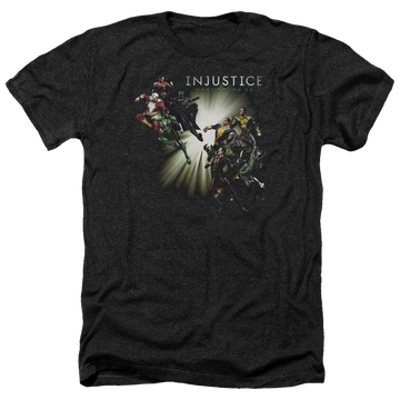 Charcoal men's heather t-shirt with Injustice Gods Among Us Good Vs Evils graphic