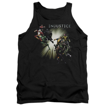 Black men's tank with Injustice Gods Among Us Good Vs Evil graphic