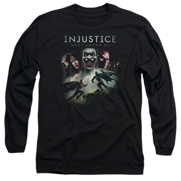 Black men's long sleeve t-shirt with Injustice Gods Among Us Key Art graphic
