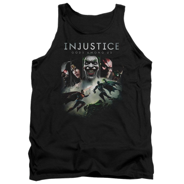 Black men's tank with Injustice Gods Among Us Key Art graphic