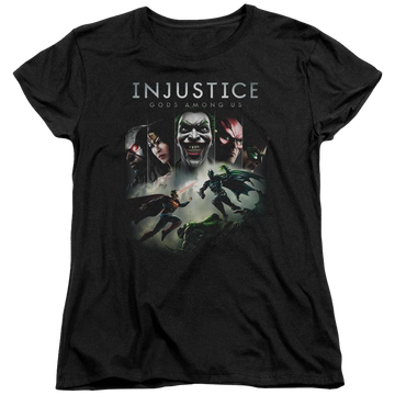 Black women's t-shirt with Injustice Gods Among Us Key Art graphic