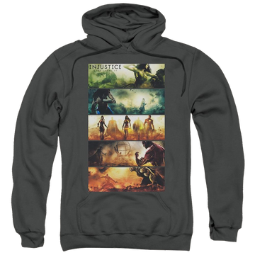 Charcoal pullover hoodie with Injustice Gods Among Us Panels graphic
