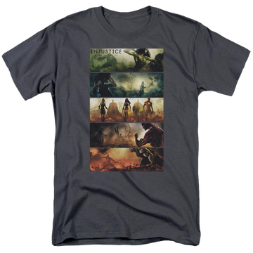 Charcoal men's regular fit t-shirt with Injustice Gods Among Us Panels graphic