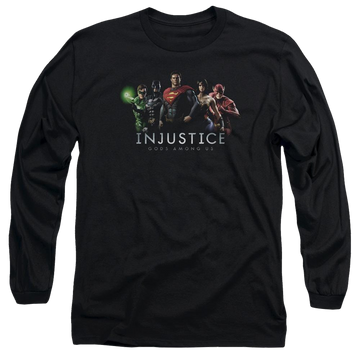 Black men's long sleeve t-shirt with Injustice Gods Among Us Injustice League graphic