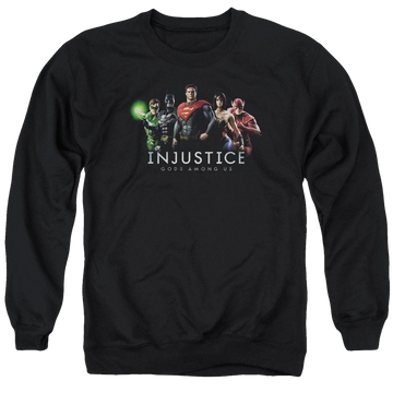 Black men's crewneck sweatshirt with Injustice Gods Among Us Injustice League graphic