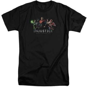 Black men's tall fit t-shirt with Injustice Gods Among Us Injustice League graphic
