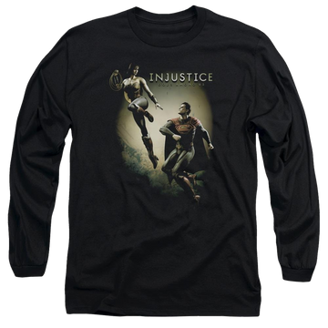 Black men's long sleeve t-shirt with Injustice Gods Among Us Battle Of The Gods graphic