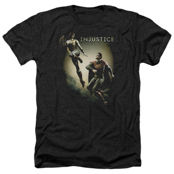 Charcoal men's heather t-shirt with Injustice Gods Among Us Battle Of The Gods graphic