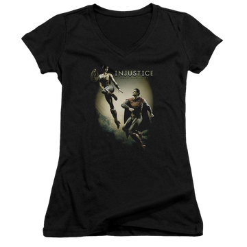 Black juniors v-neck t-shirt with Injustice Gods Among Us Battle Of The Gods graphic