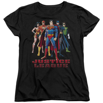Black women's t-shirt with Justice League In League graphic