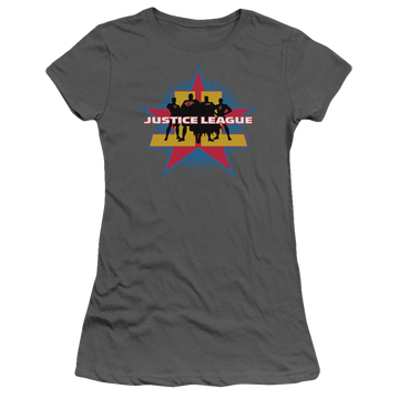Charcoal juniors t-shirt with Justice League Stand Tall graphic