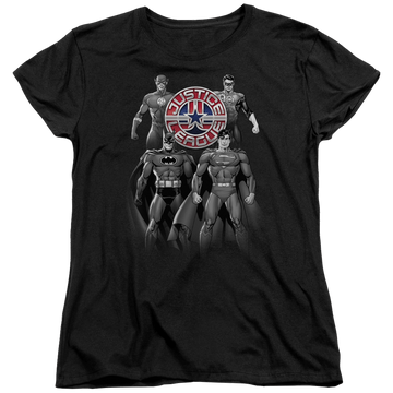 Black women's t-shirt with Justice League Shades Of Gray graphic