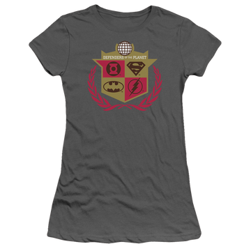 Charcoal juniors t-shirt with Justice League Defenders graphic