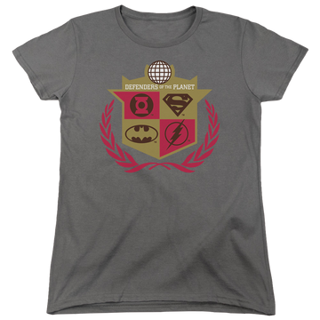 Charcoal women's t-shirt with Justice League Defenders graphic