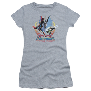 Athletic heather juniors t-shirt with Justice League Team Power graphic