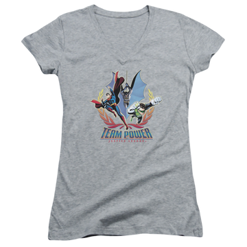 Athletic heather juniors v-neck t-shirt with Justice League Team Power graphic
