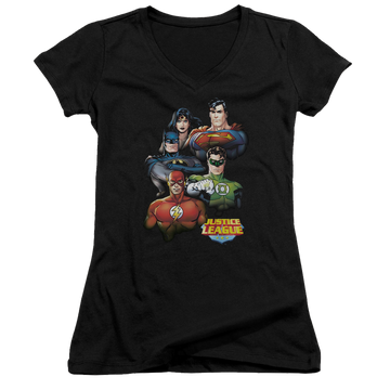 Black juniors v-neck t-shirt with Justice League Group Portrait graphic