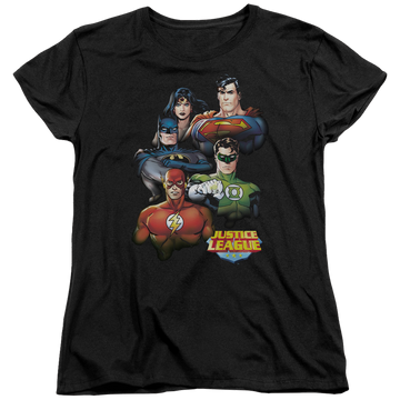 Black women's t-shirt with Justice League Group Portrait graphic