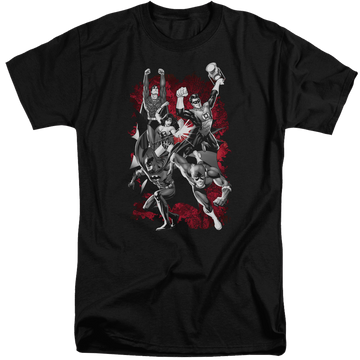 Black men's tall fit t-shirt with Justice League Jla Explosion graphic