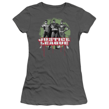 Charcoal juniors t-shirt with Justice League Jla Trio graphic