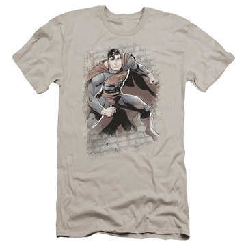 Silver men's premium slim fit t-shirt with Justice League Superman Bricks graphic