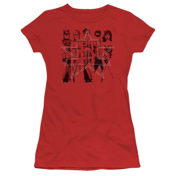 Red juniors t-shirt with Justice League Five Stars graphic