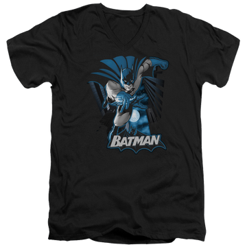 Black men's v-neck t-shirt with Justice League Batman Blue & Gray graphic