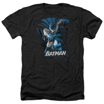 Charcoal men's heather t-shirt with Justice League Batman Blue & Gray graphic