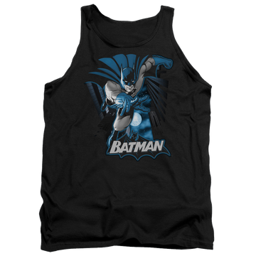 Black men's tank with Justice League Batman Blue & Gray graphic
