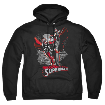 Black pullover hoodie with Justice League Superman Red & Gray graphic